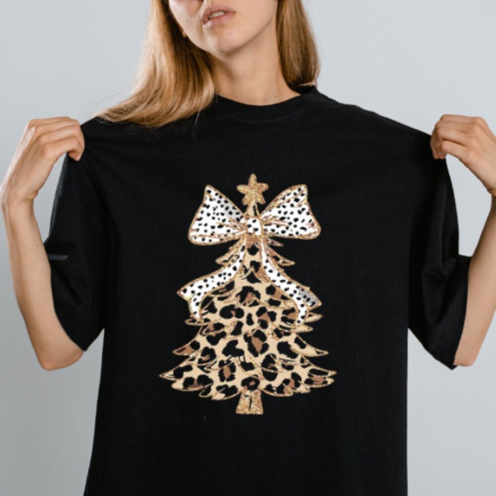 Leopard Print Christmas Tree, Christmas Tree Bow Cute Tee